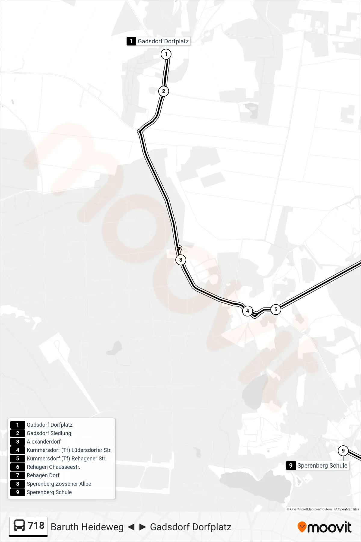 718 bus Line (Sperenberg Schule) route and stops on a map
