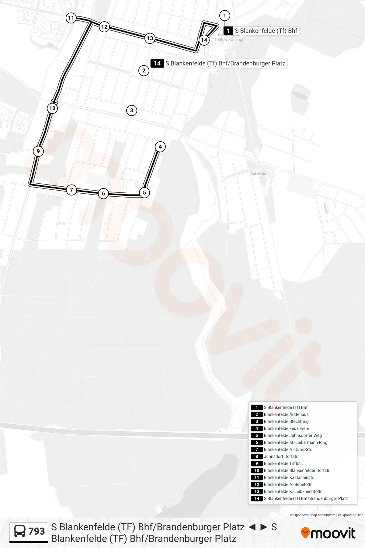 Linie 793 (Bus) Richtung S Blankenfelde (Tf) Bhf/Brandenburger Platz: Route und Haltestellen auf der Karte