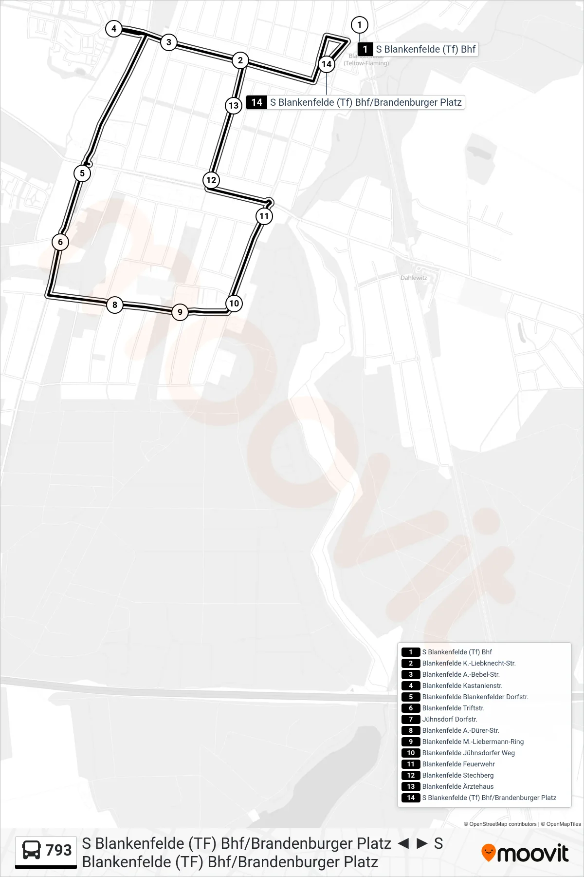 Linie 793 (Bus) Richtung S Blankenfelde (Tf) Bhf/Brandenburger Platz: Route und Haltestellen auf der Karte