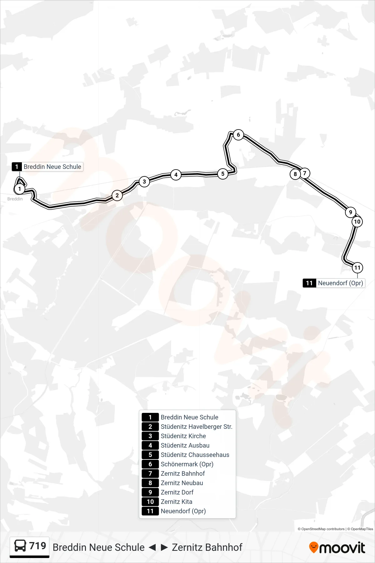 Linie 719 (Bus) Richtung Neuendorf (Opr): Route und Haltestellen auf der Karte