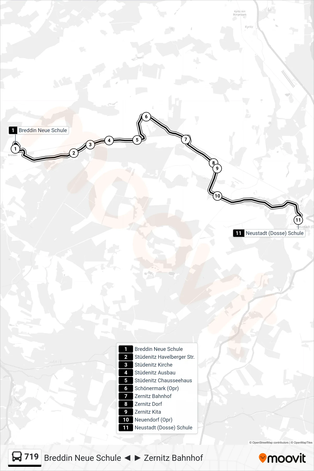 Linie 719 (Bus) Richtung Neustadt (Dosse) Schule: Route und Haltestellen auf der Karte