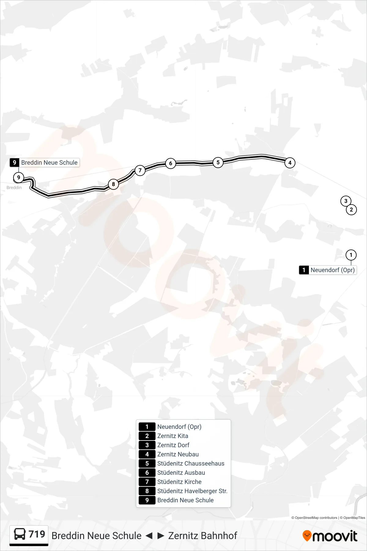 Linie 719 (Bus) Richtung Breddin Neue Schule: Route und Haltestellen auf der Karte