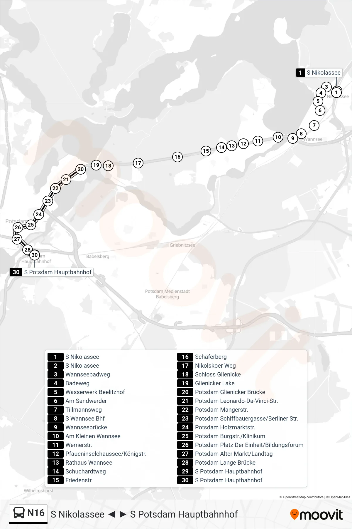 Linie N16 (Bus) Richtung S Potsdam Hauptbahnhof: Route und Haltestellen auf der Karte