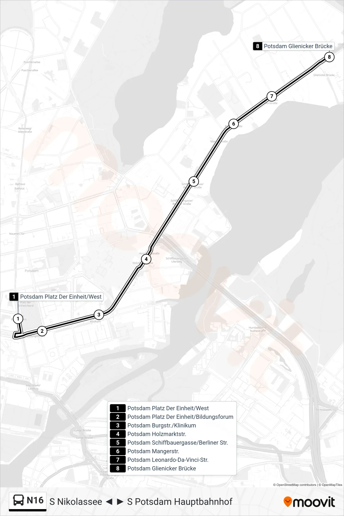 Linie N16 (Bus) Richtung Potsdam Glienicker Brücke: Route und Haltestellen auf der Karte