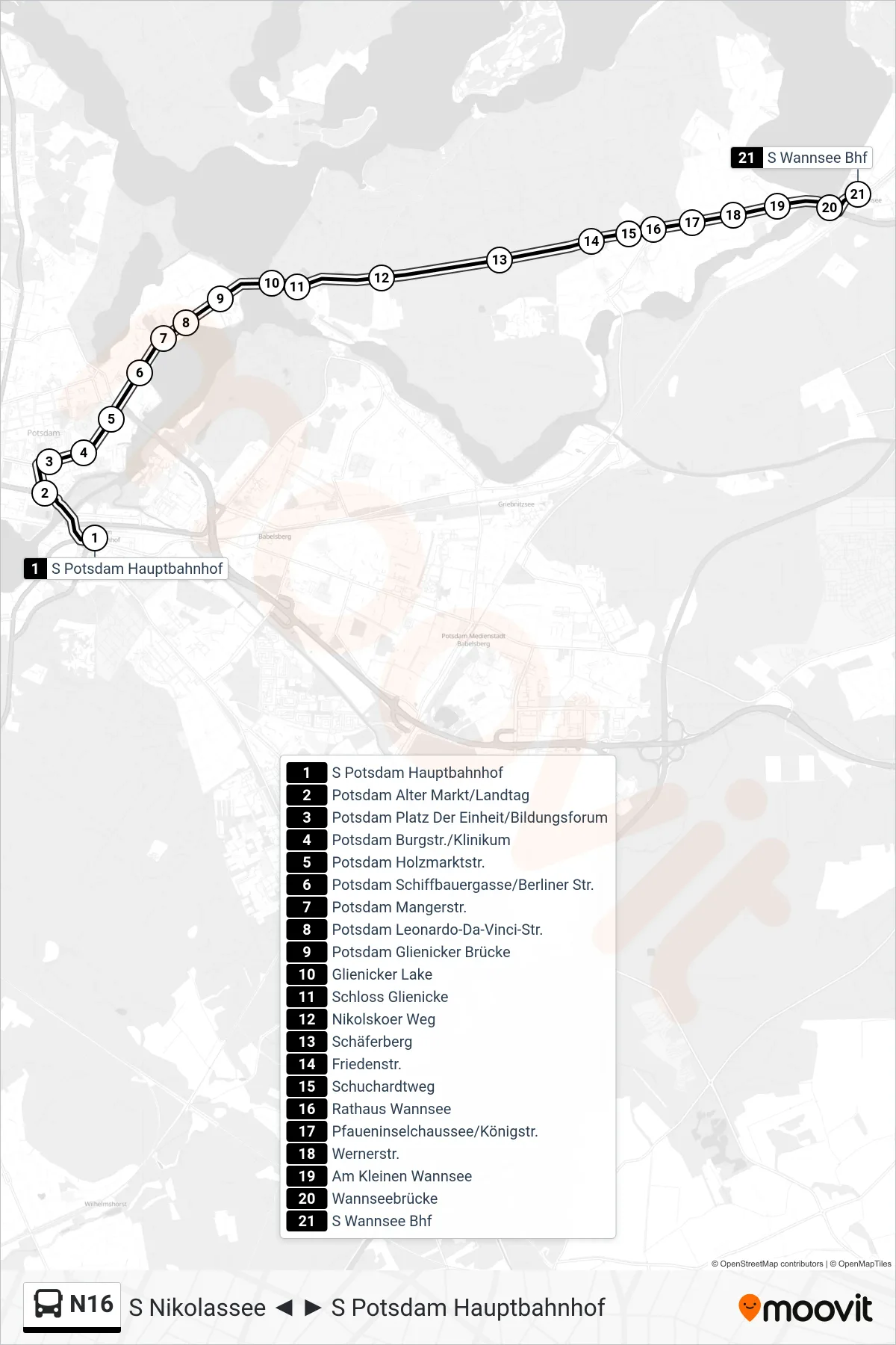 Linie N16 (Bus) Richtung S Wannsee Bhf: Route und Haltestellen auf der Karte
