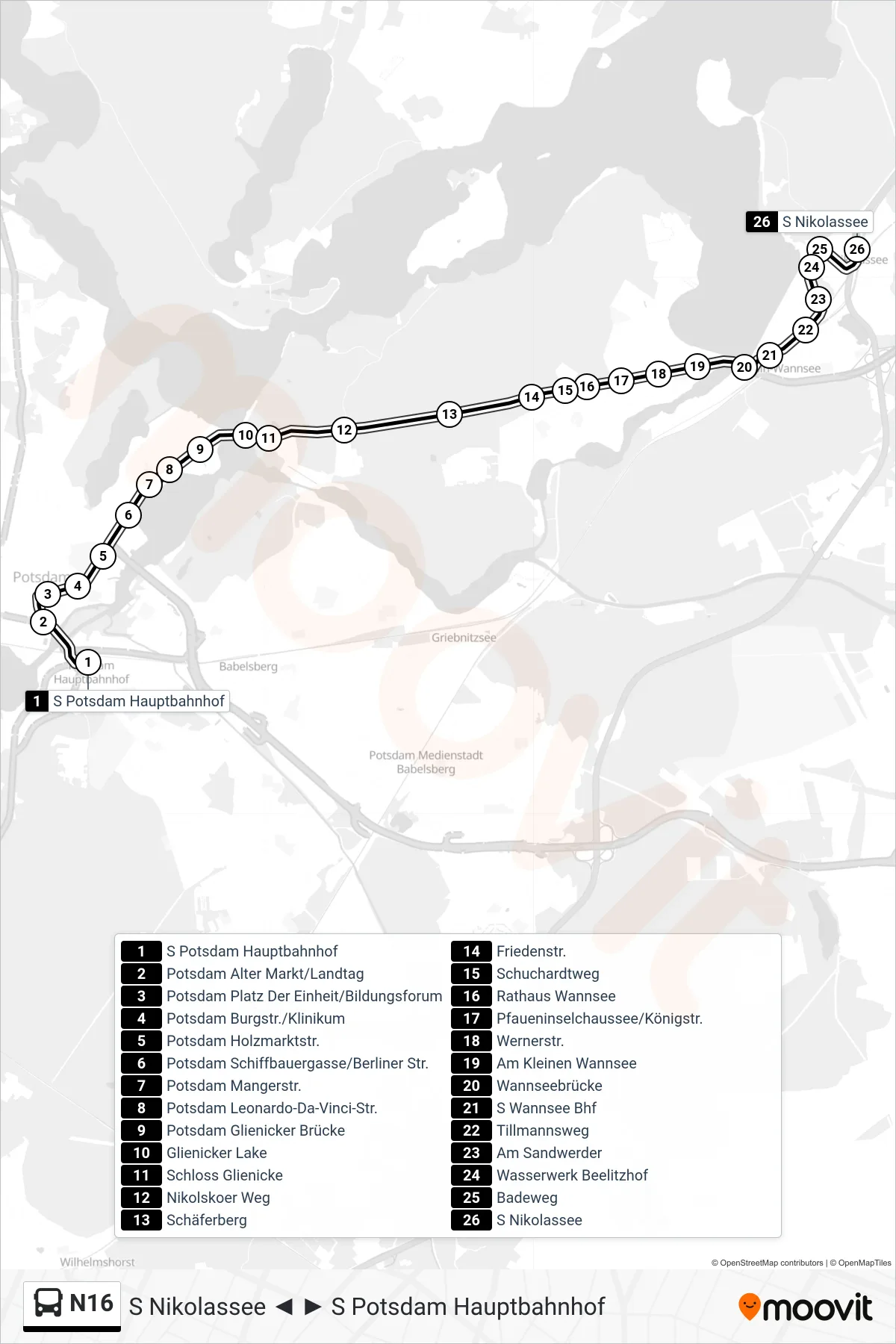 Linie N16 (Bus) Richtung S Nikolassee: Route und Haltestellen auf der Karte