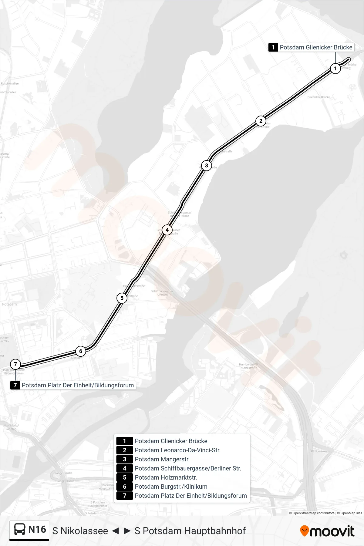 Linie N16 (Bus) Richtung Potsdam Platz Der Einheit/Bildungsforum: Route und Haltestellen auf der Karte