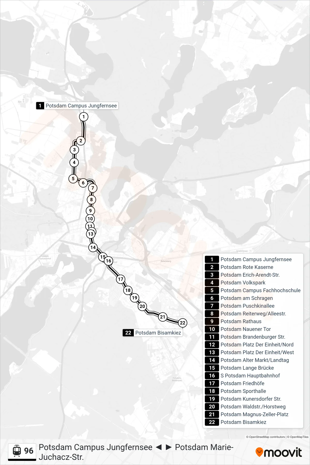Linie 96 (Straßenbahn) Richtung Potsdam Bisamkiez: Route und Haltestellen auf der Karte