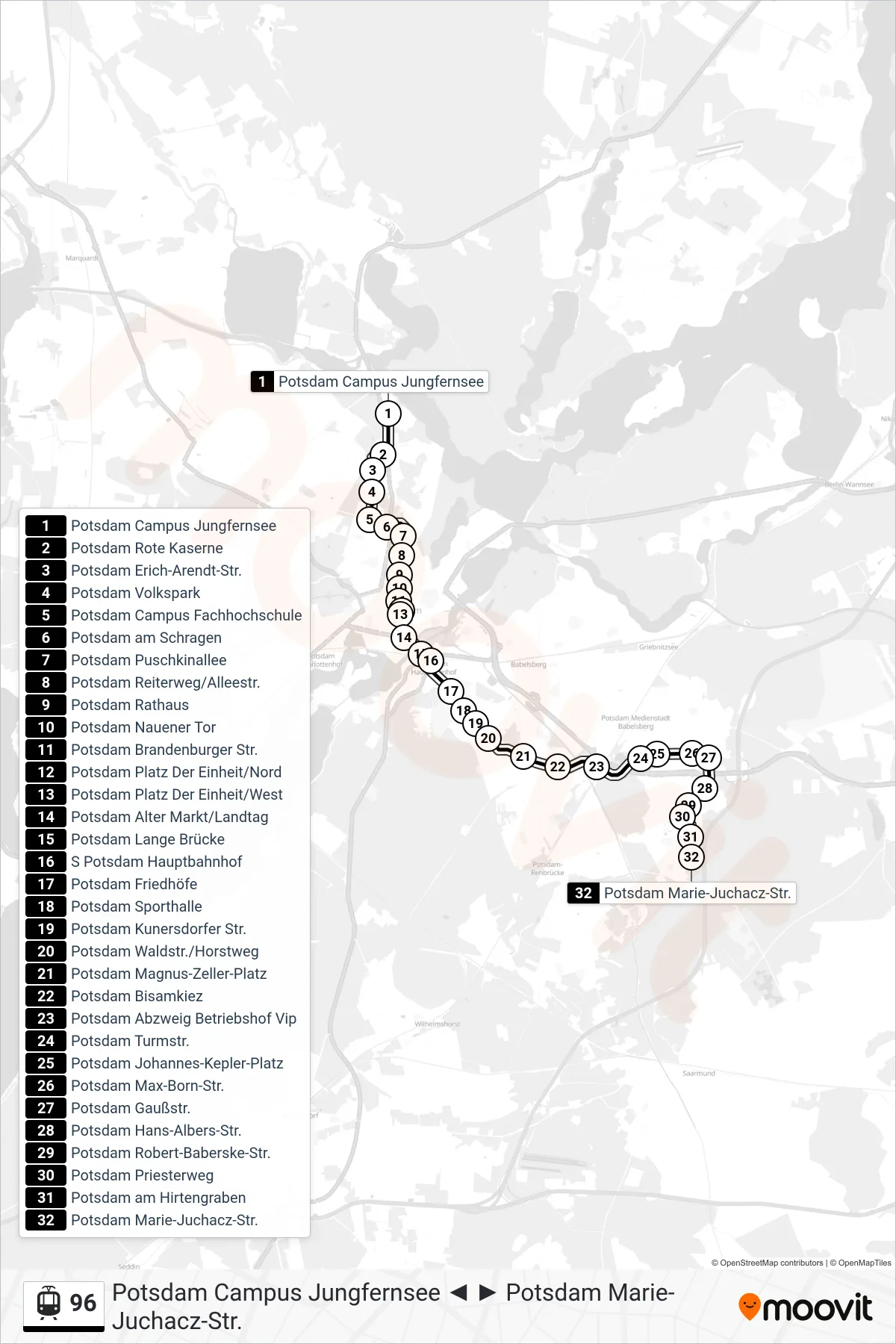Linie 96 (Straßenbahn) Richtung Potsdam Marie-Juchacz-Str.: Route und Haltestellen auf der Karte