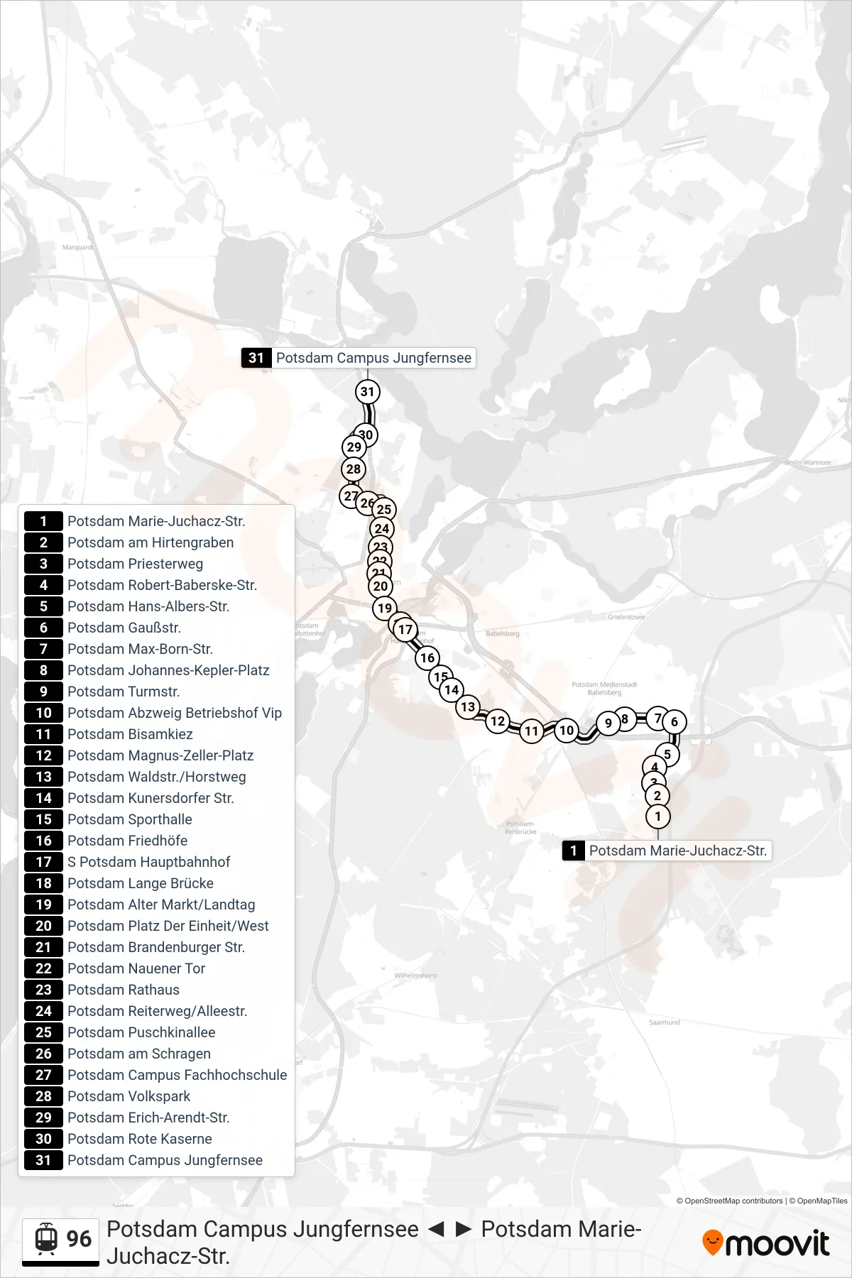 Linie 96 (Straßenbahn) Richtung Potsdam Campus Jungfernsee: Route und Haltestellen auf der Karte