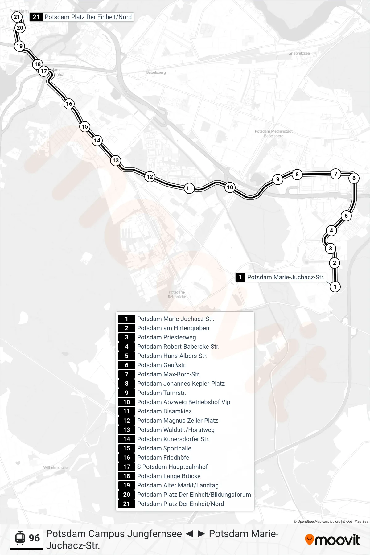 Linie 96 (Straßenbahn) Richtung Potsdam Platz Der Einheit/Nord: Route und Haltestellen auf der Karte