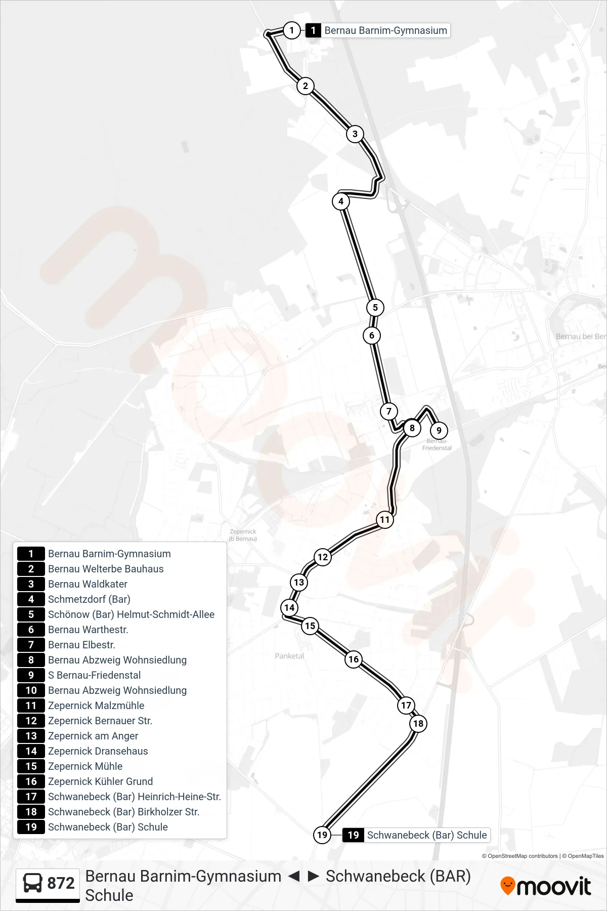 Linie 872 (Bus) Richtung Schwanebeck (Bar) Schule: Route und Haltestellen auf der Karte