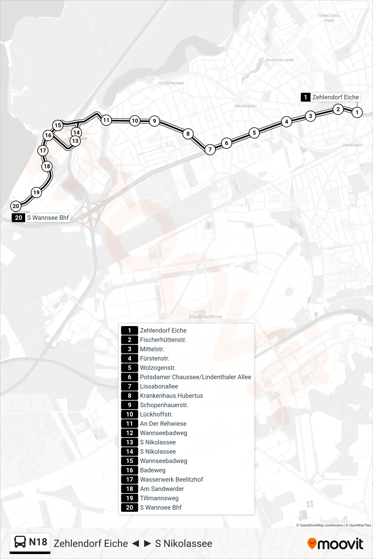 Linie N18 (Bus) Richtung S Wannsee Bhf: Route und Haltestellen auf der Karte