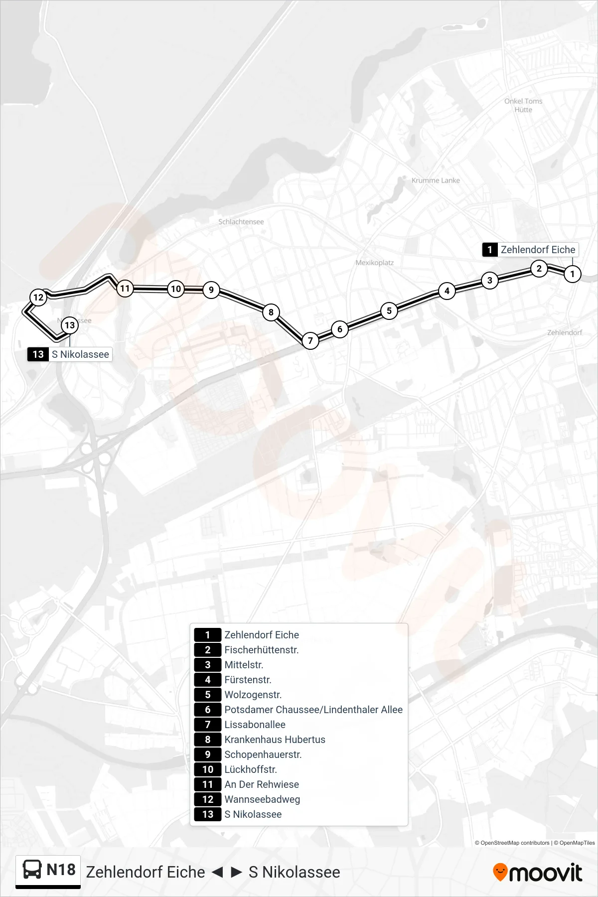 Linie N18 (Bus) Richtung S Nikolassee: Route und Haltestellen auf der Karte