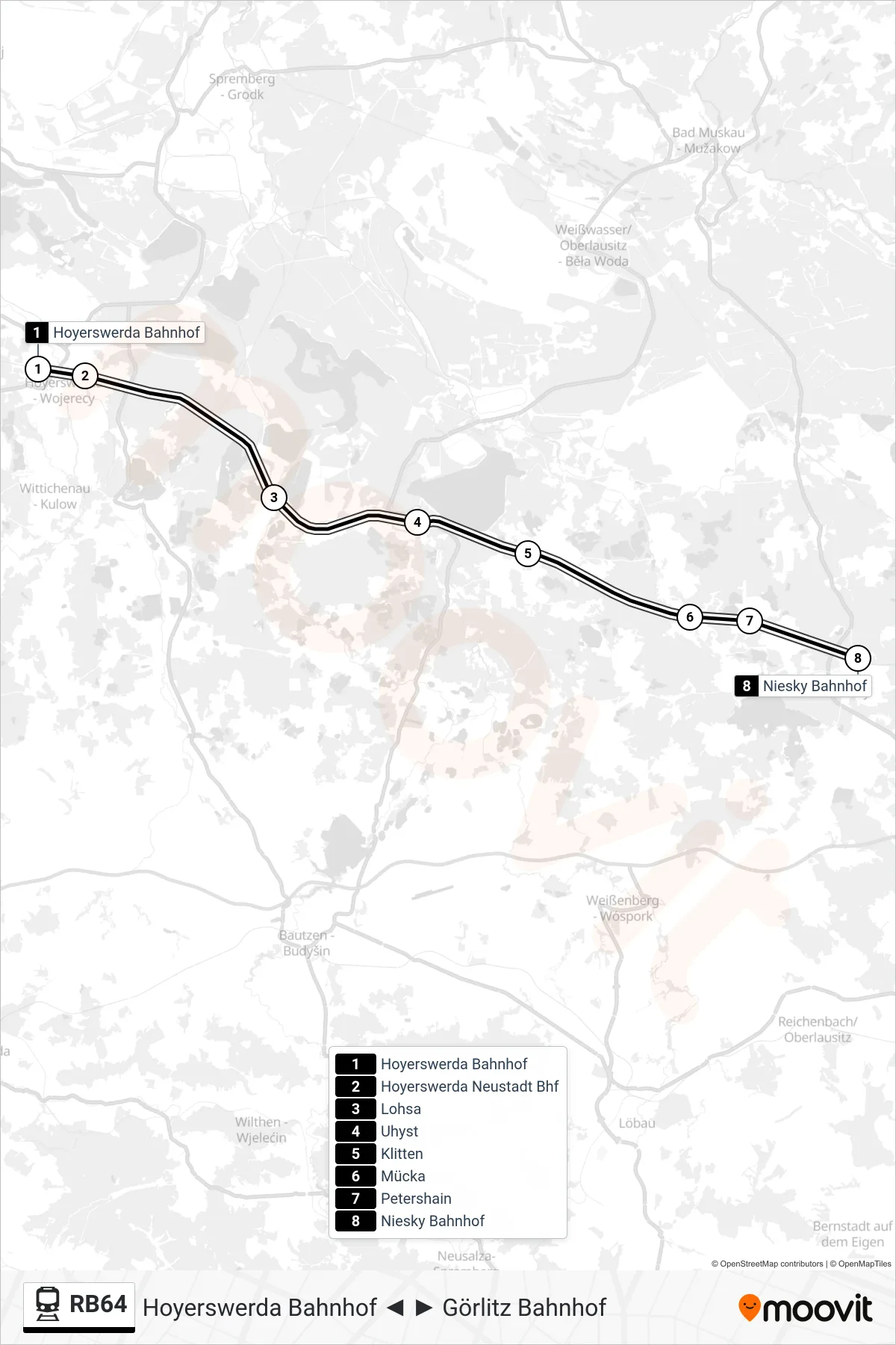 Linie RB64 (Bahn) Richtung Niesky Bahnhof: Route und Haltestellen auf der Karte