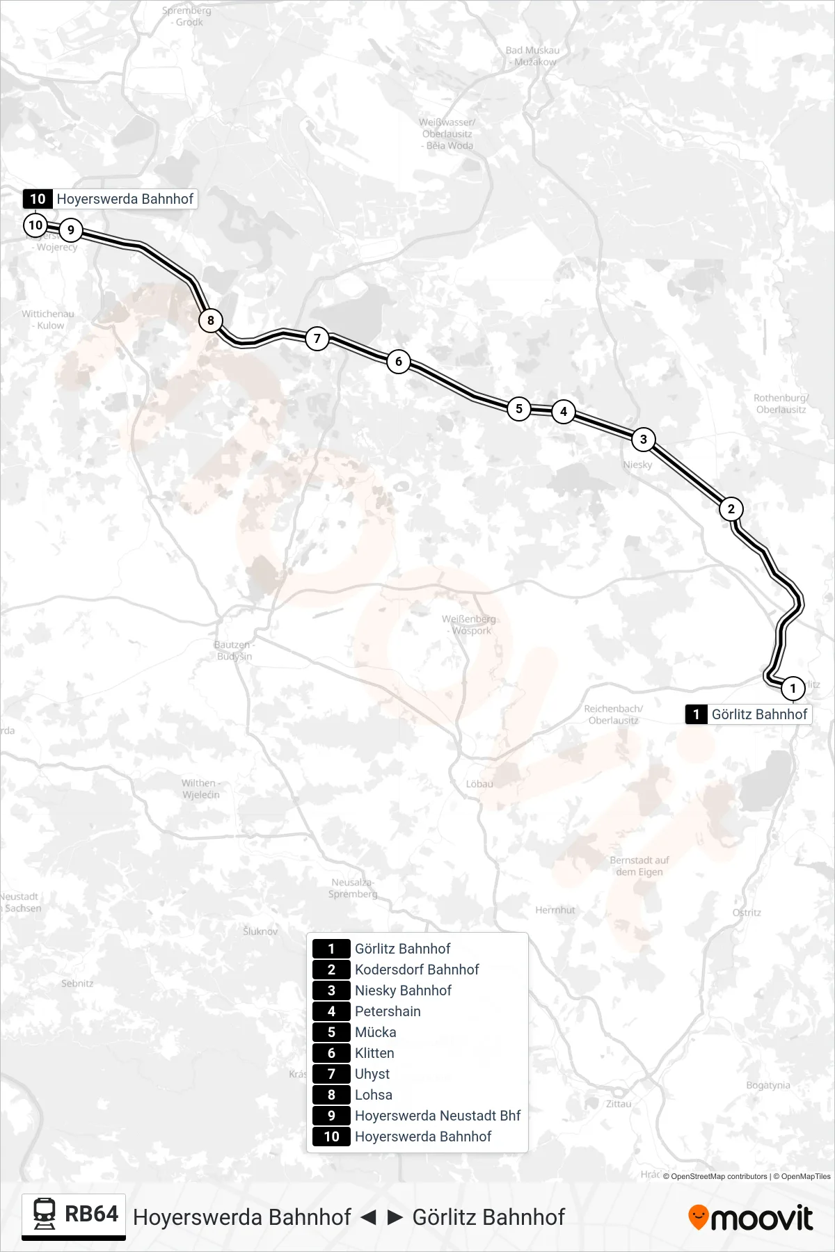 Linie RB64 (Bahn) Richtung Hoyerswerda Bahnhof: Route und Haltestellen auf der Karte