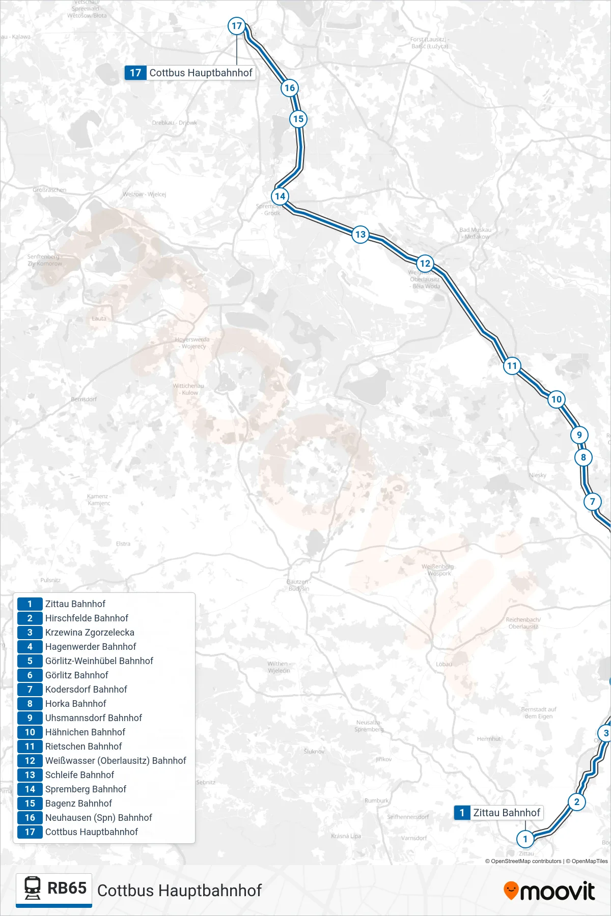 Linie RB65 (Bahn) Richtung Cottbus Hauptbahnhof: Route und Haltestellen auf der Karte