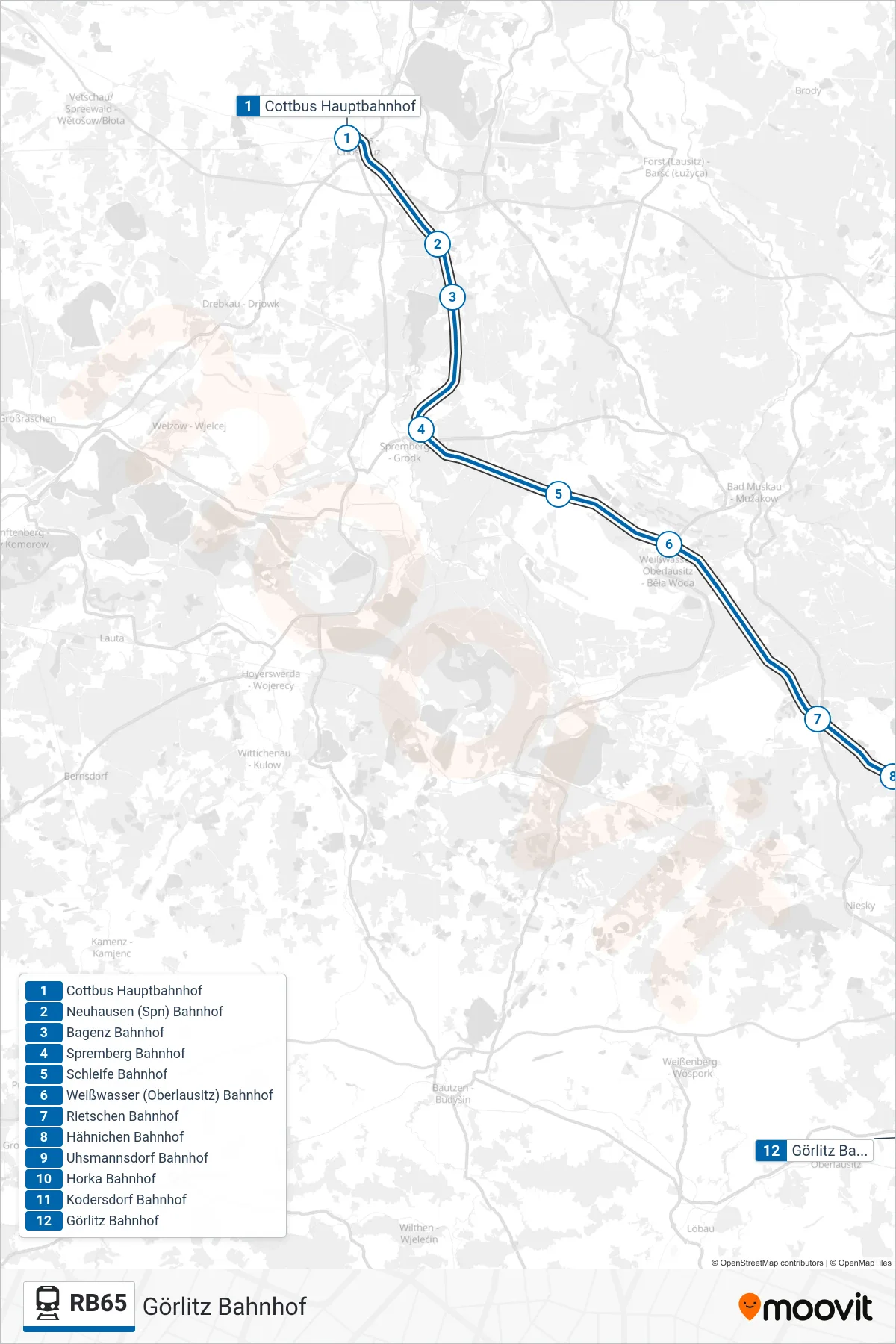 Linie RB65 (Bahn) Richtung Görlitz Bahnhof: Route und Haltestellen auf der Karte