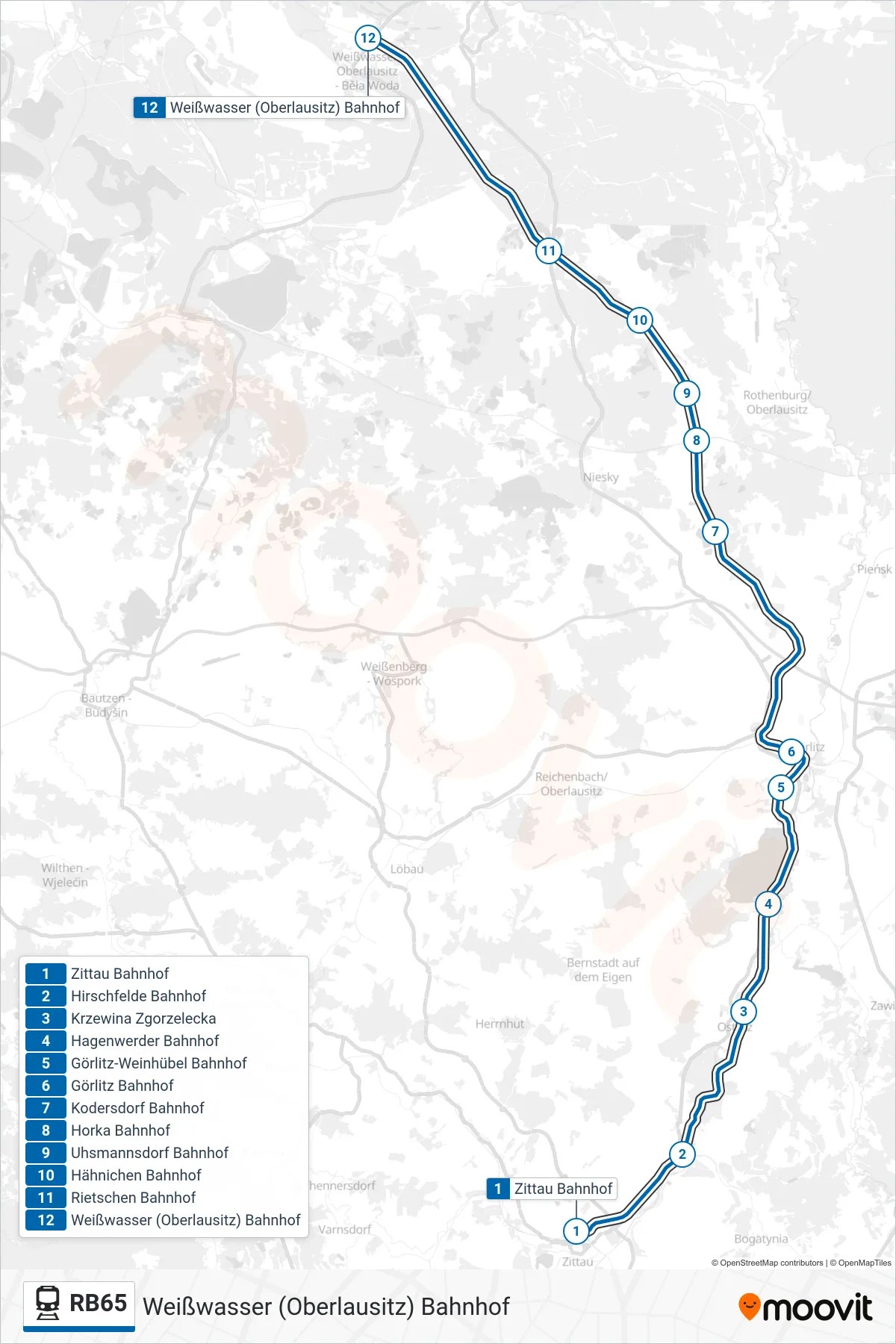 Linie RB65 (Bahn) Richtung Weißwasser (Oberlausitz) Bahnhof: Route und Haltestellen auf der Karte