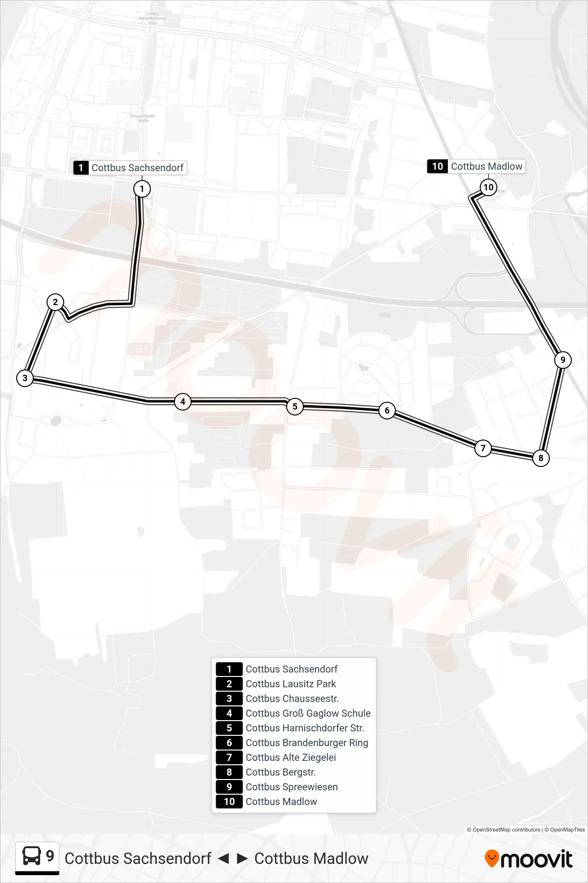 Linie 9 (Bus) Richtung Cottbus Madlow: Route und Haltestellen auf der Karte
