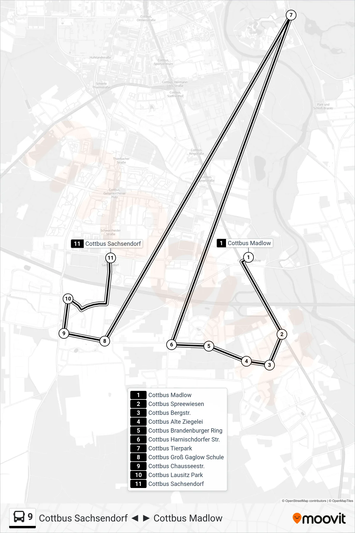 Linie 9 (Bus) Richtung Cottbus Sachsendorf: Route und Haltestellen auf der Karte