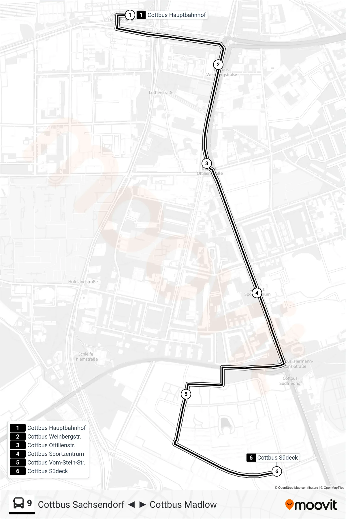 Linie 9 (Bus) Richtung Cottbus Südeck: Route und Haltestellen auf der Karte
