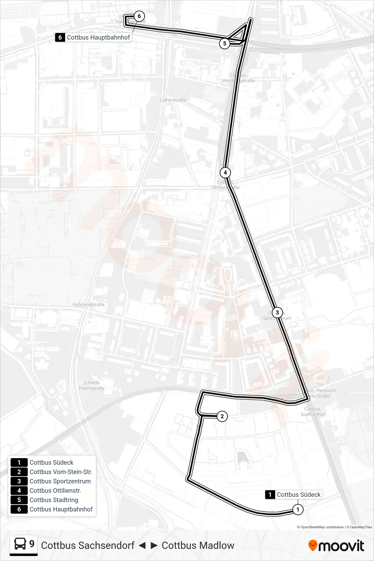 Linie 9 (Bus) Richtung Cottbus Hauptbahnhof: Route und Haltestellen auf der Karte