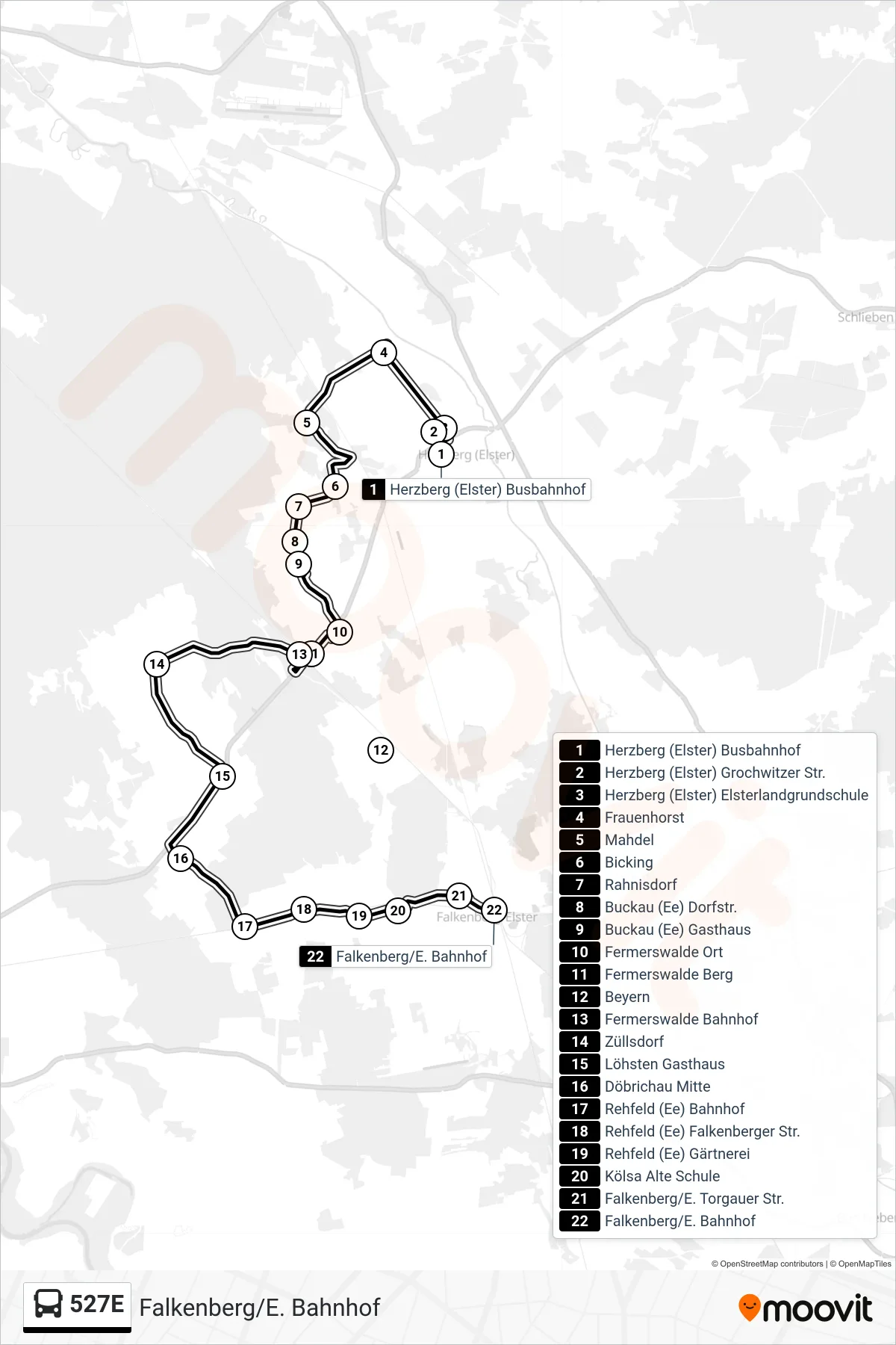 Linie 527E (Bus) Richtung Falkenberg/E. Bahnhof: Route und Haltestellen auf der Karte