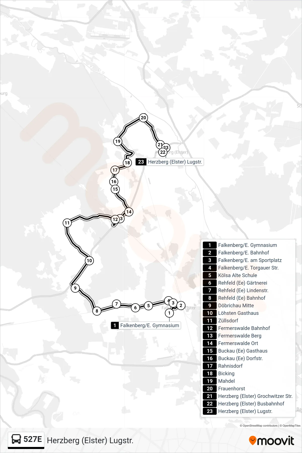 Linie 527E (Bus) Richtung Herzberg (Elster) Lugstr.: Route und Haltestellen auf der Karte