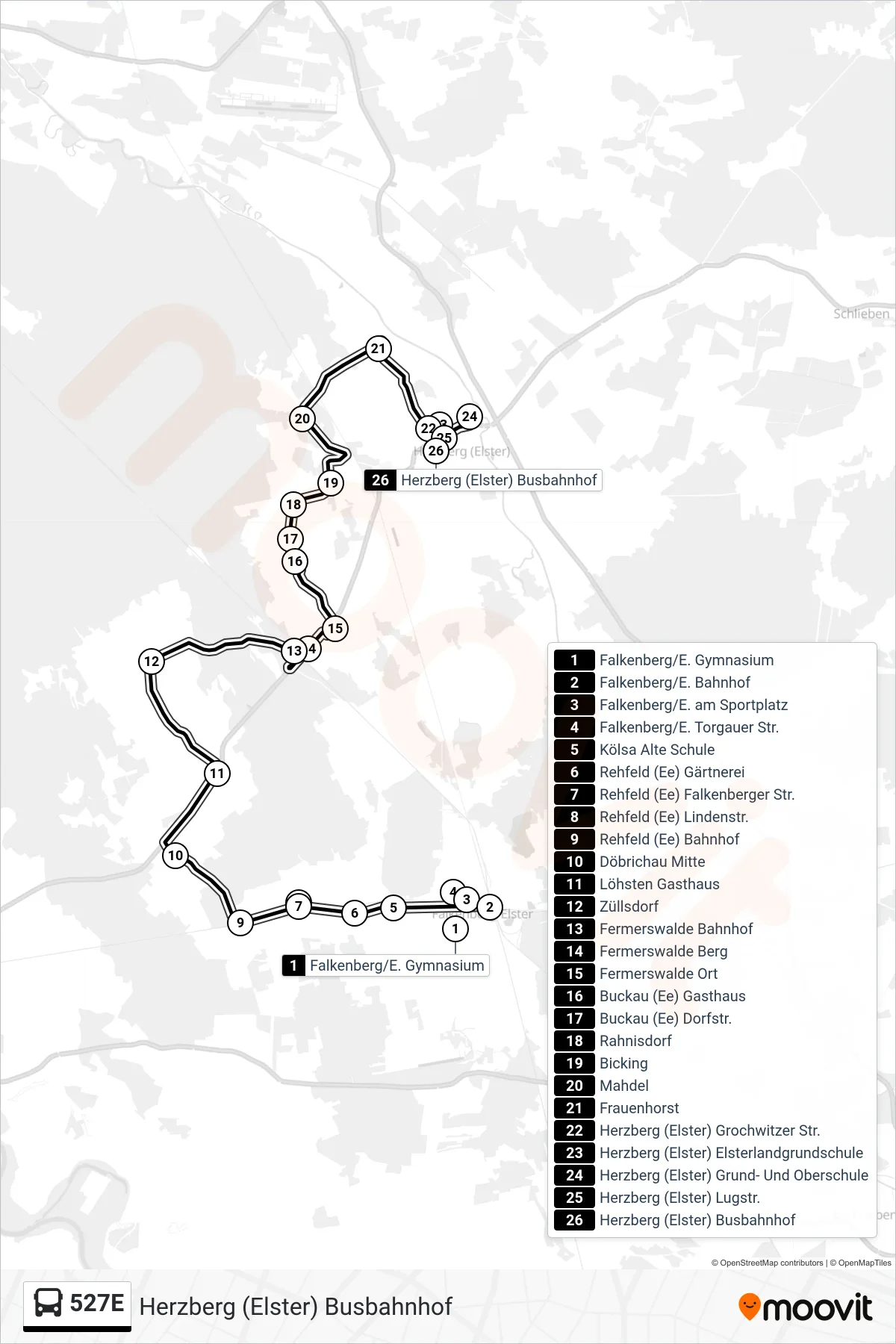 527E bus Line (Herzberg (Elster) Busbahnhof) route and stops on a map
