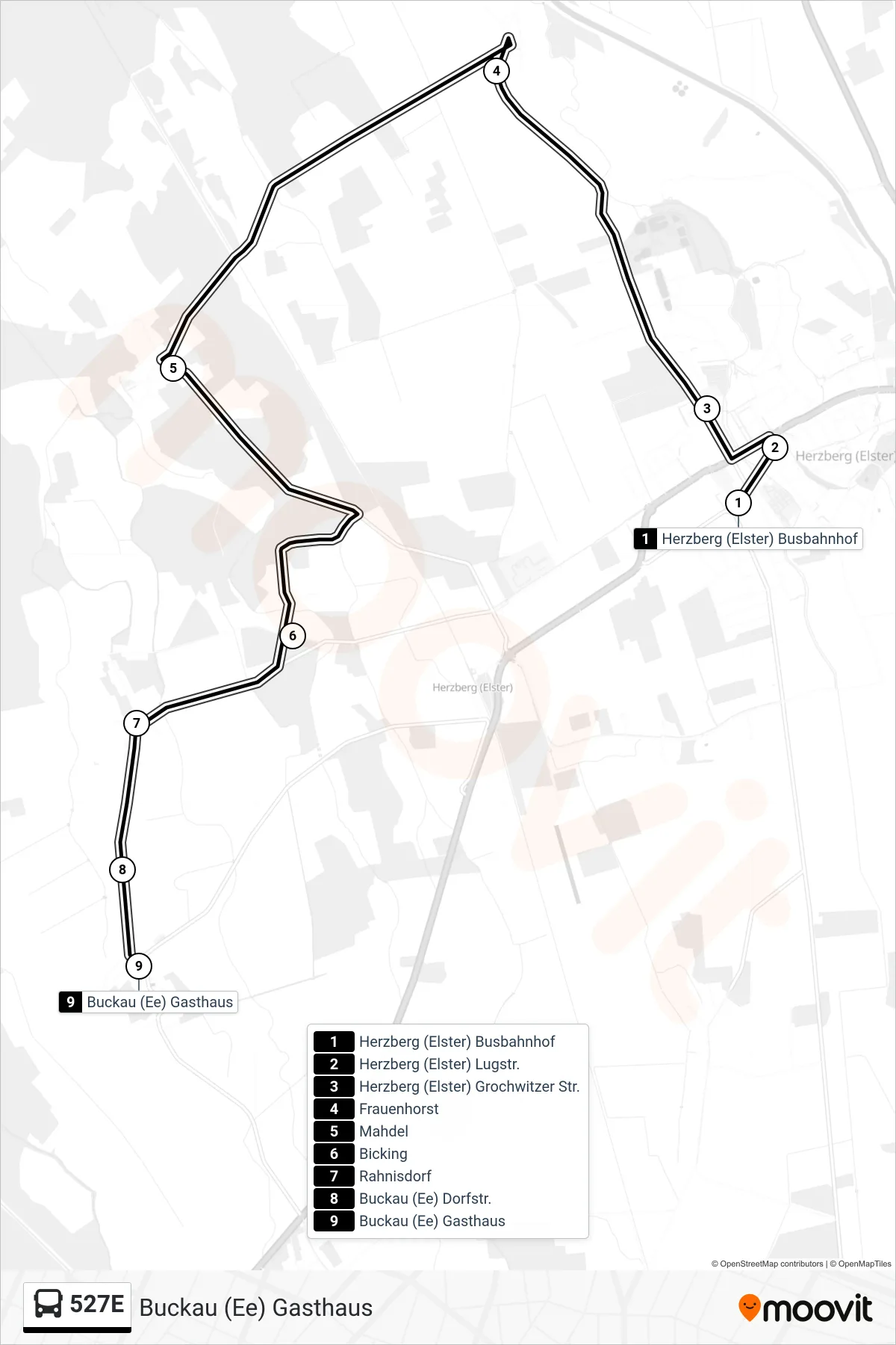 527E bus Line (Buckau (Ee) Gasthaus) route and stops on a map