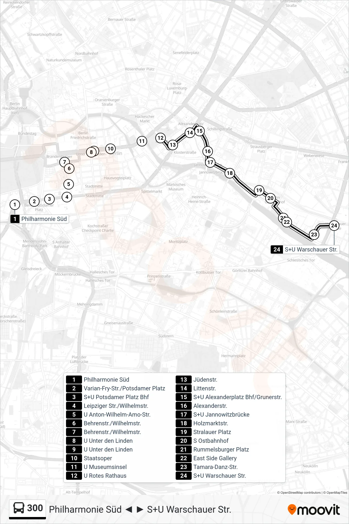 Linie 300 (Bus) Richtung S+U Warschauer Str.: Route und Haltestellen auf der Karte