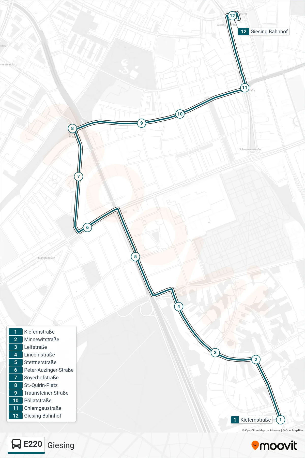 Linie E220 (Bus) Richtung Giesing: Route und Haltestellen auf der Karte