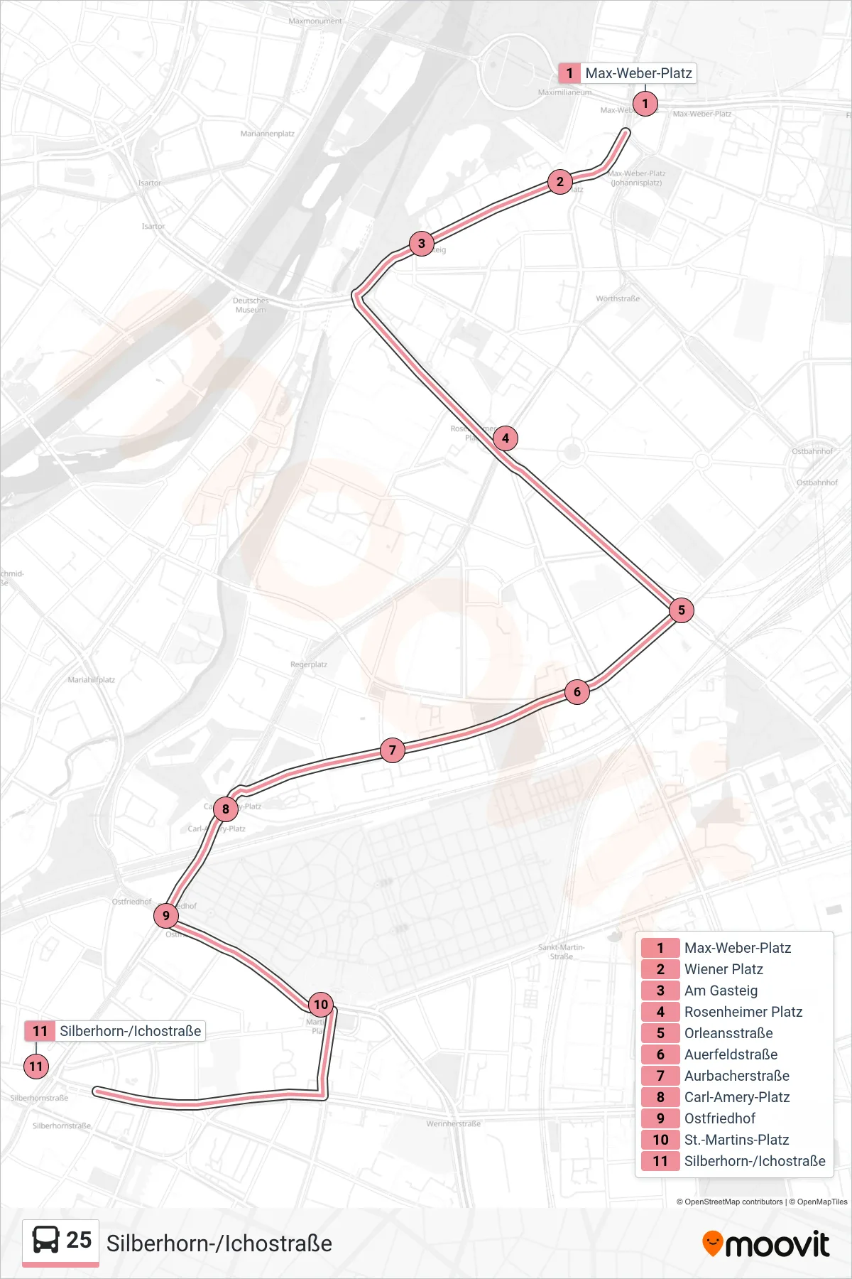 Linie 25 (Bus) Richtung Silberhorn-/Ichostraße: Route und Haltestellen auf der Karte