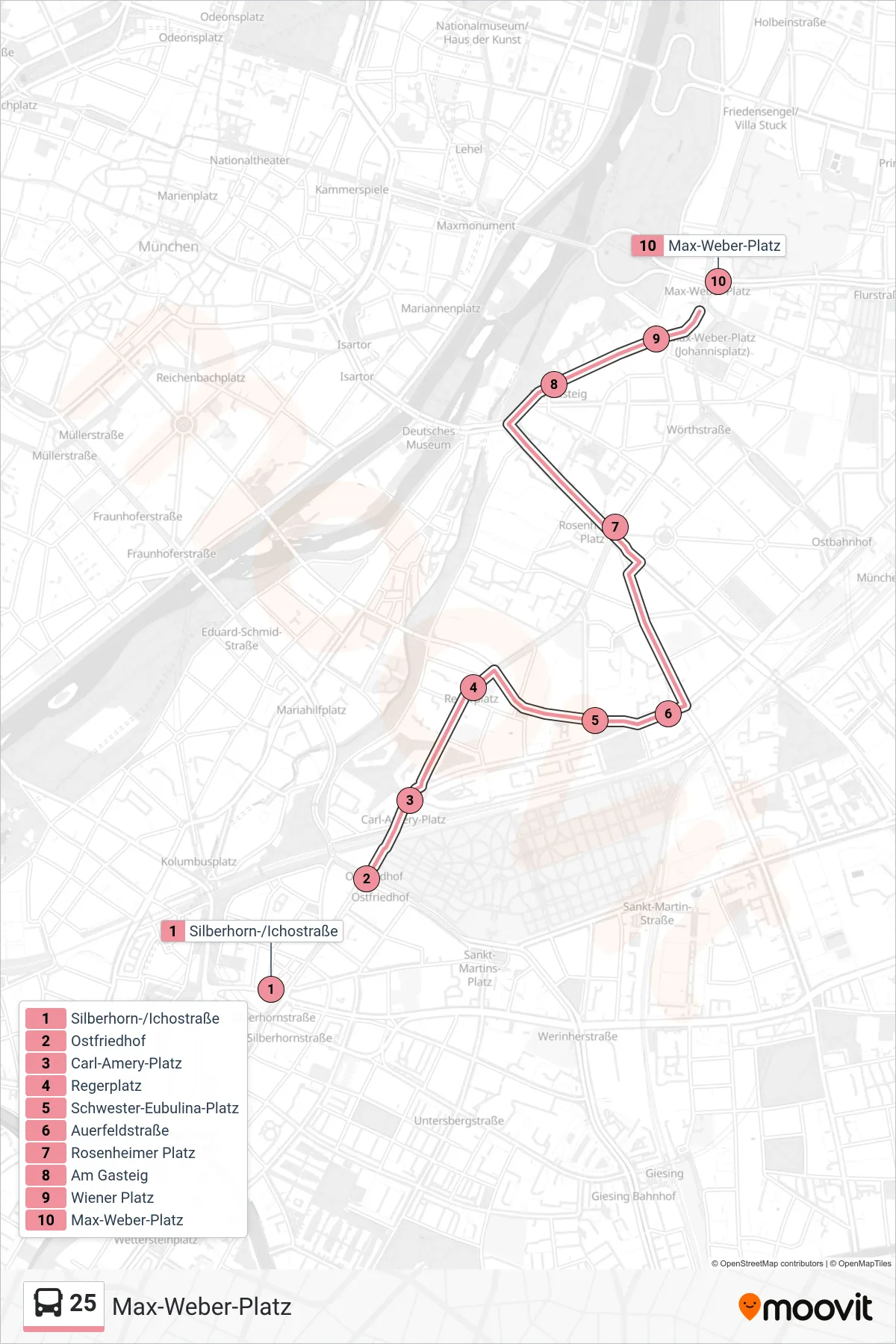 25 bus Line (Max-Weber-Platz) route and stops on a map