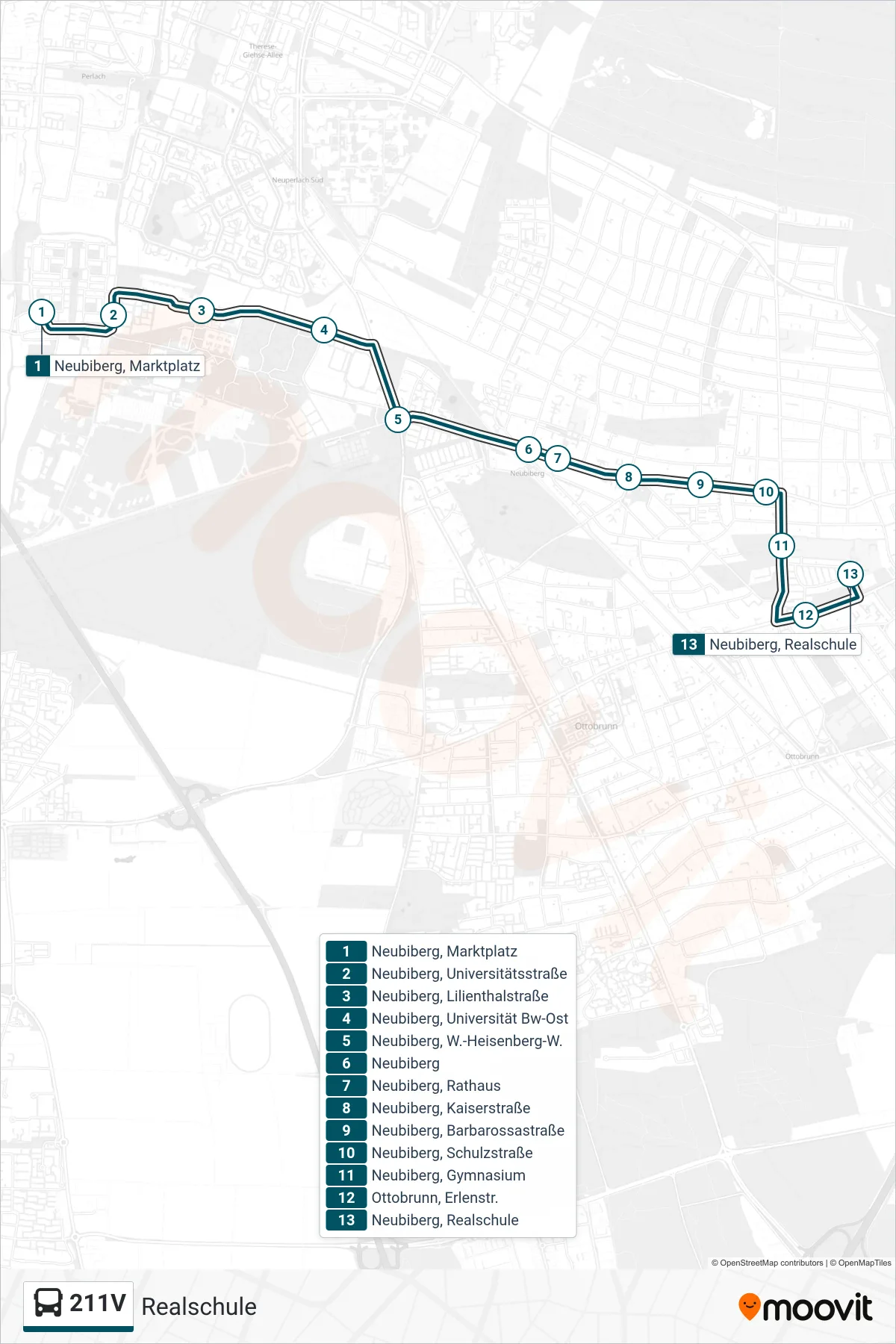211V bus Line (Realschule) route and stops on a map
