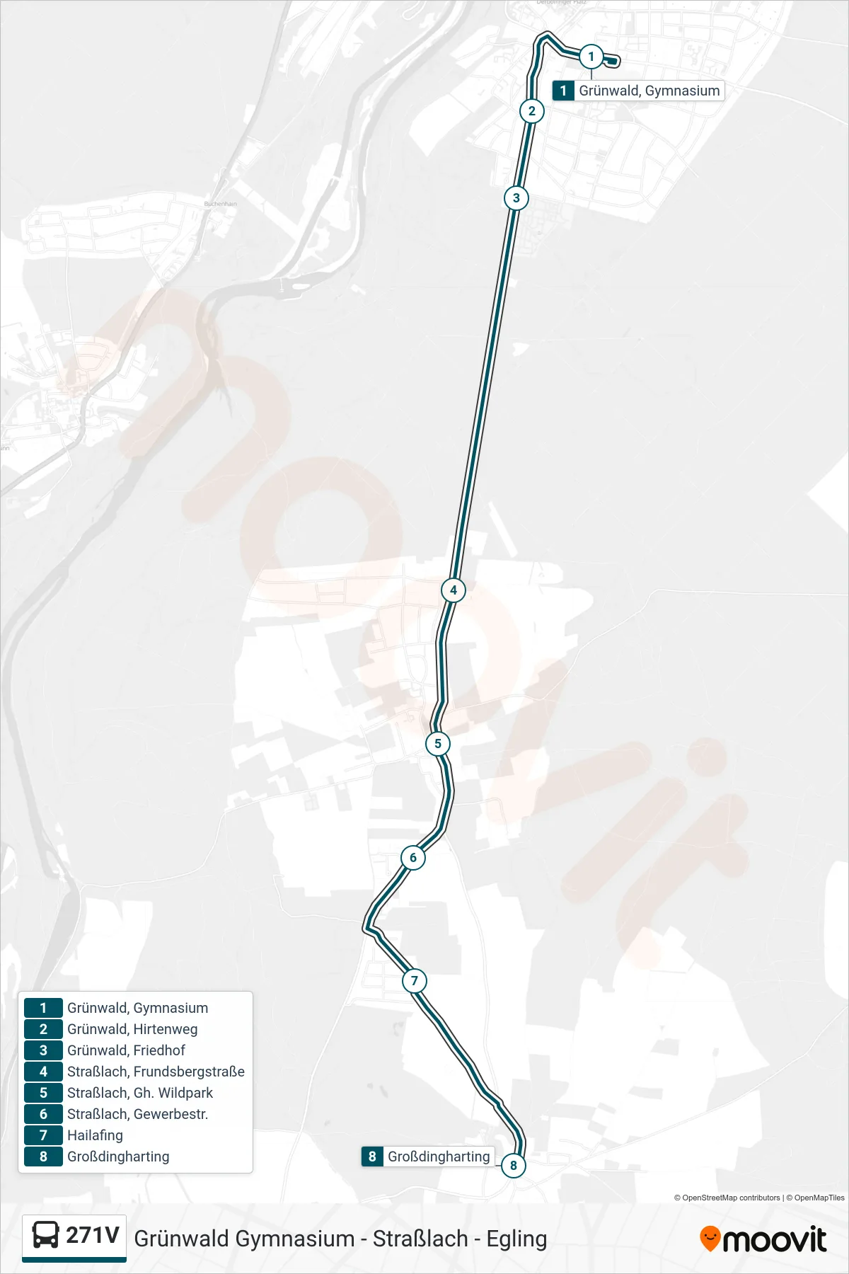271V bus Line (Großdingharting) route and stops on a map