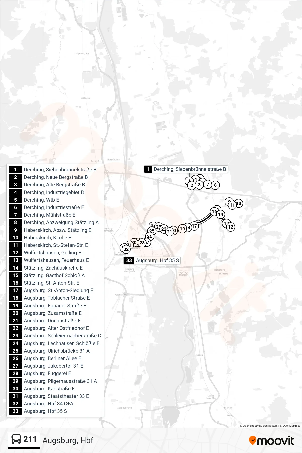 211 bus Line (Augsburg, Hbf) route and stops on a map
