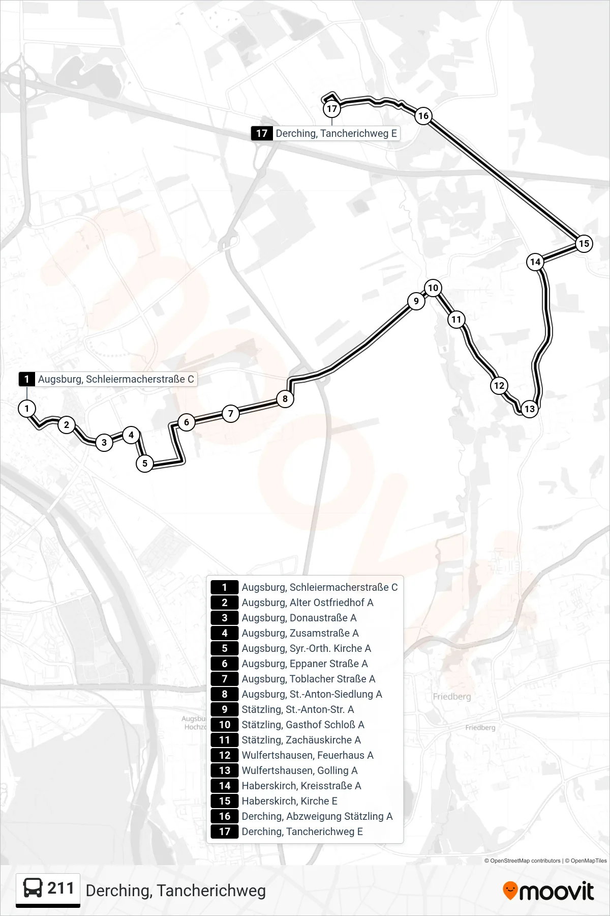 211 bus Line (Derching, Tancherichweg) route and stops on a map