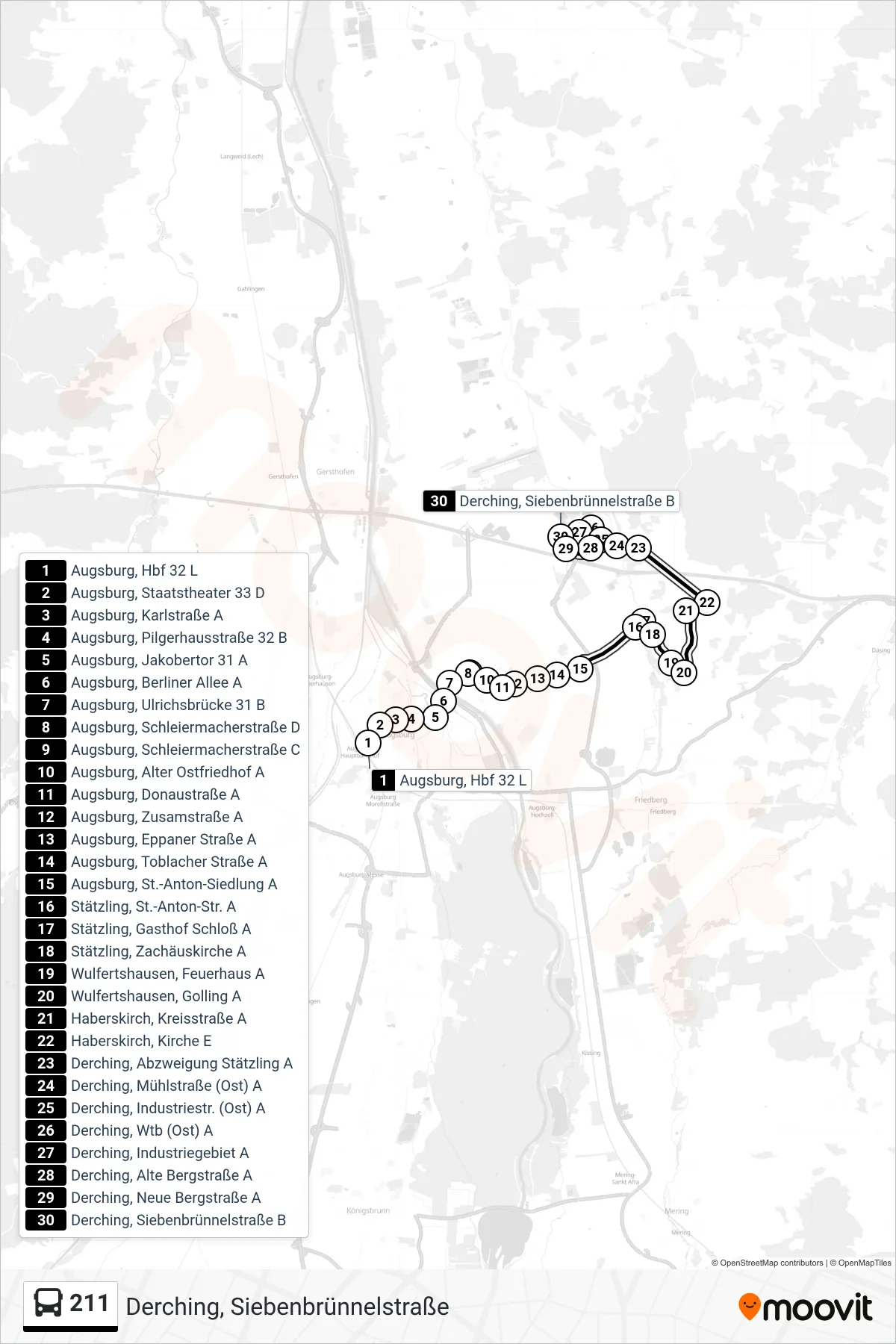 211 bus Line (Derching, Siebenbrünnelstraße) route and stops on a map