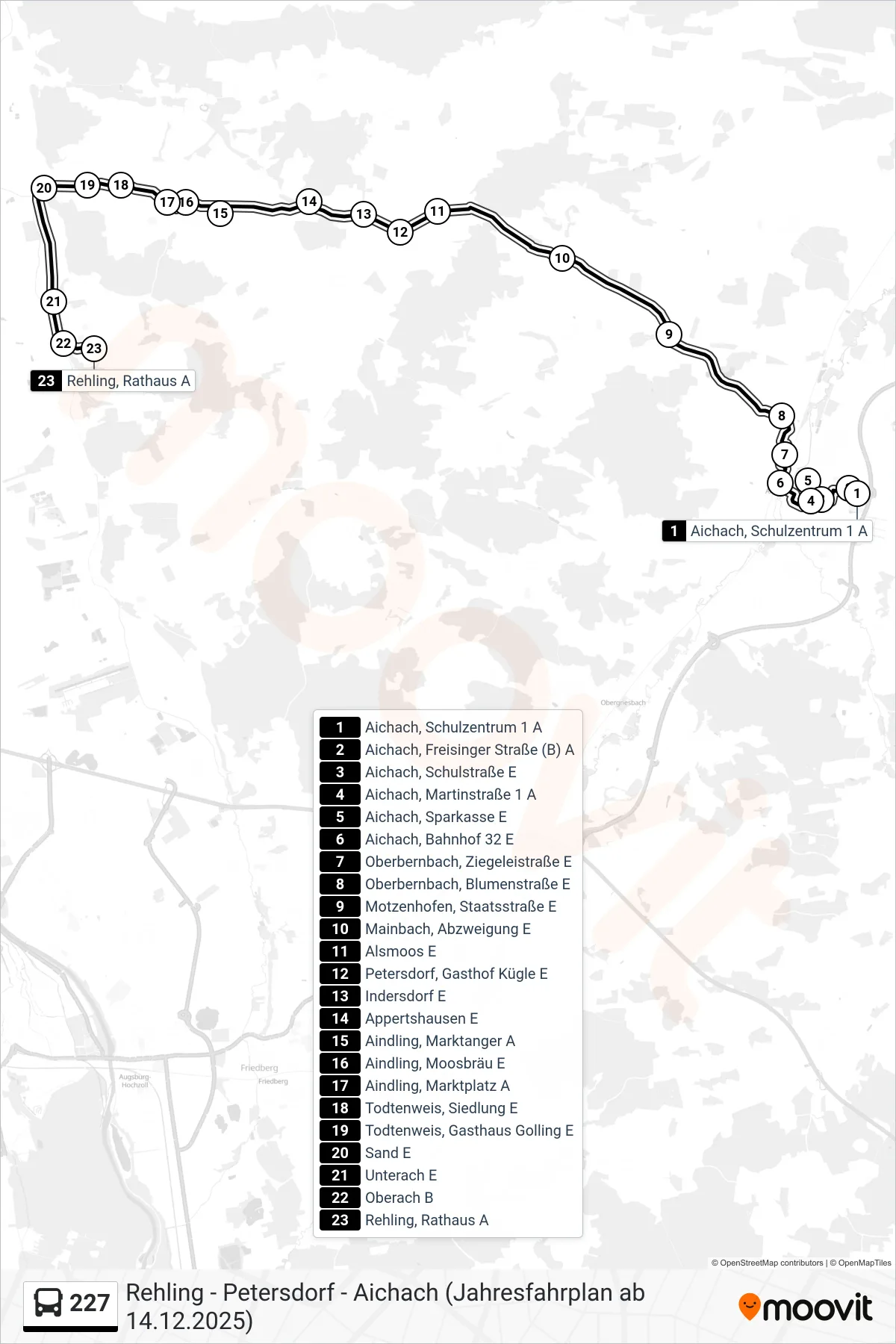 Linie 227 (Bus) Richtung Rehling, Rathaus: Route und Haltestellen auf der Karte