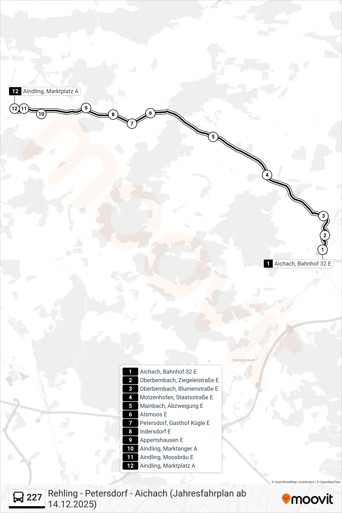 227 bus Line (Aindling, Marktplatz) route and stops on a map