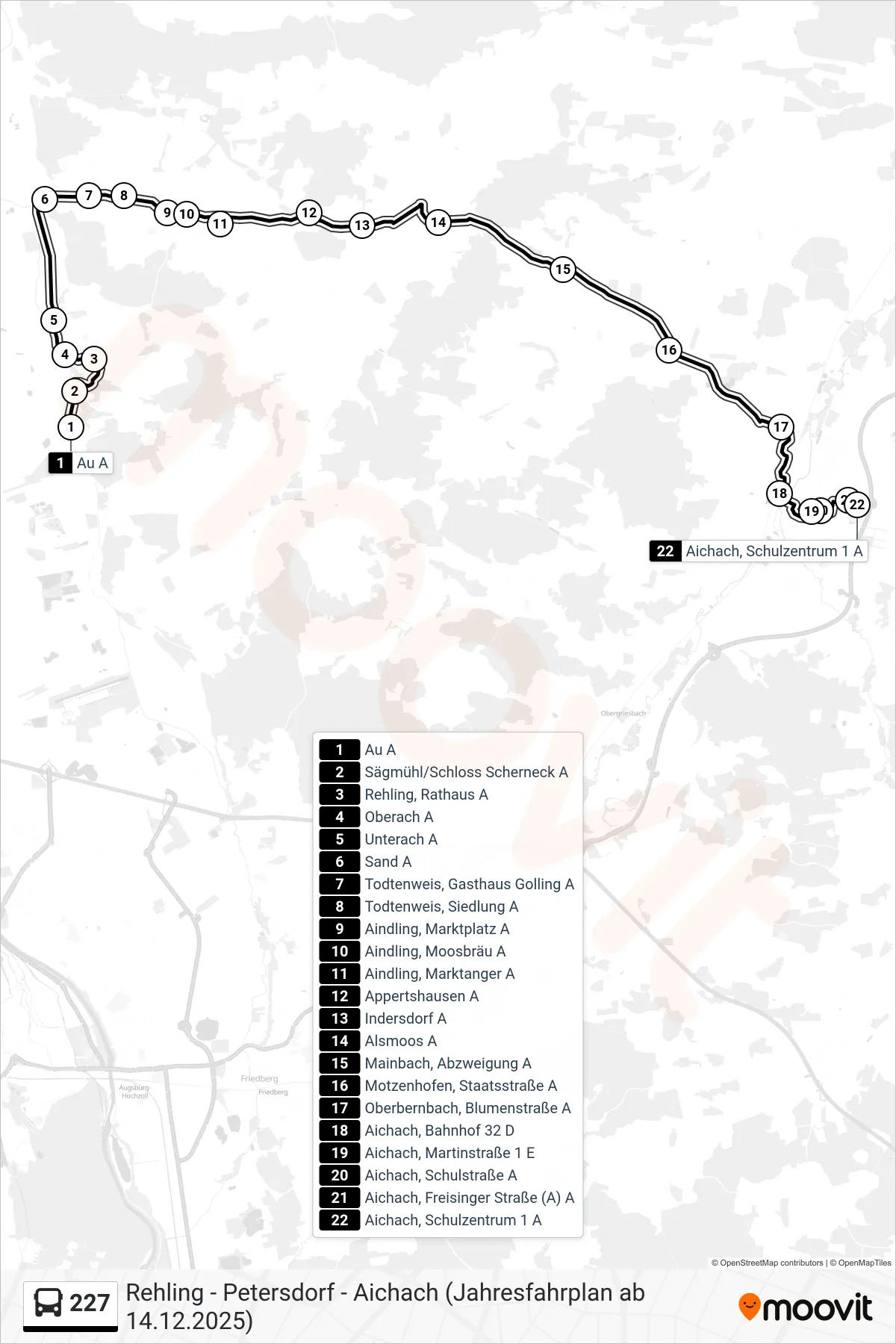 227 bus Line (Aichach, Schulzentrum) route and stops on a map