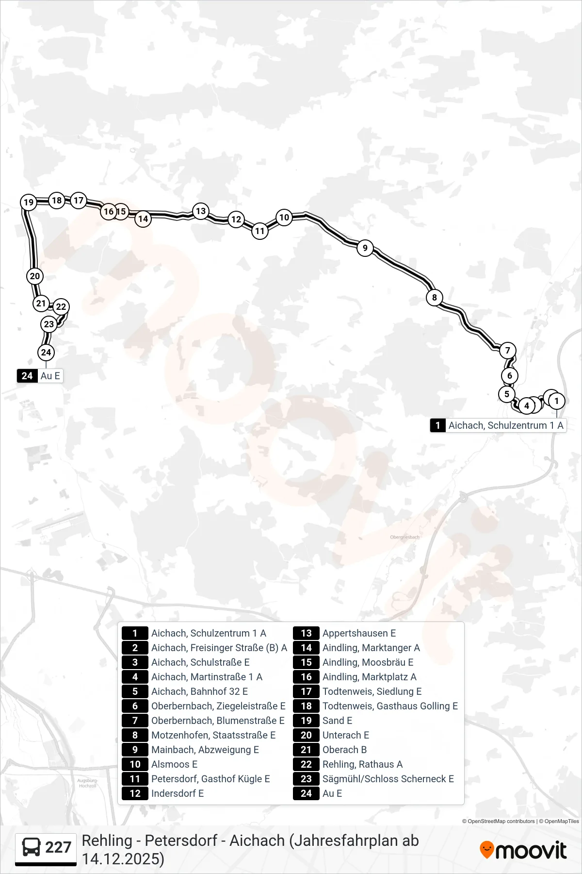 Linie 227 (Bus) Richtung Au: Route und Haltestellen auf der Karte