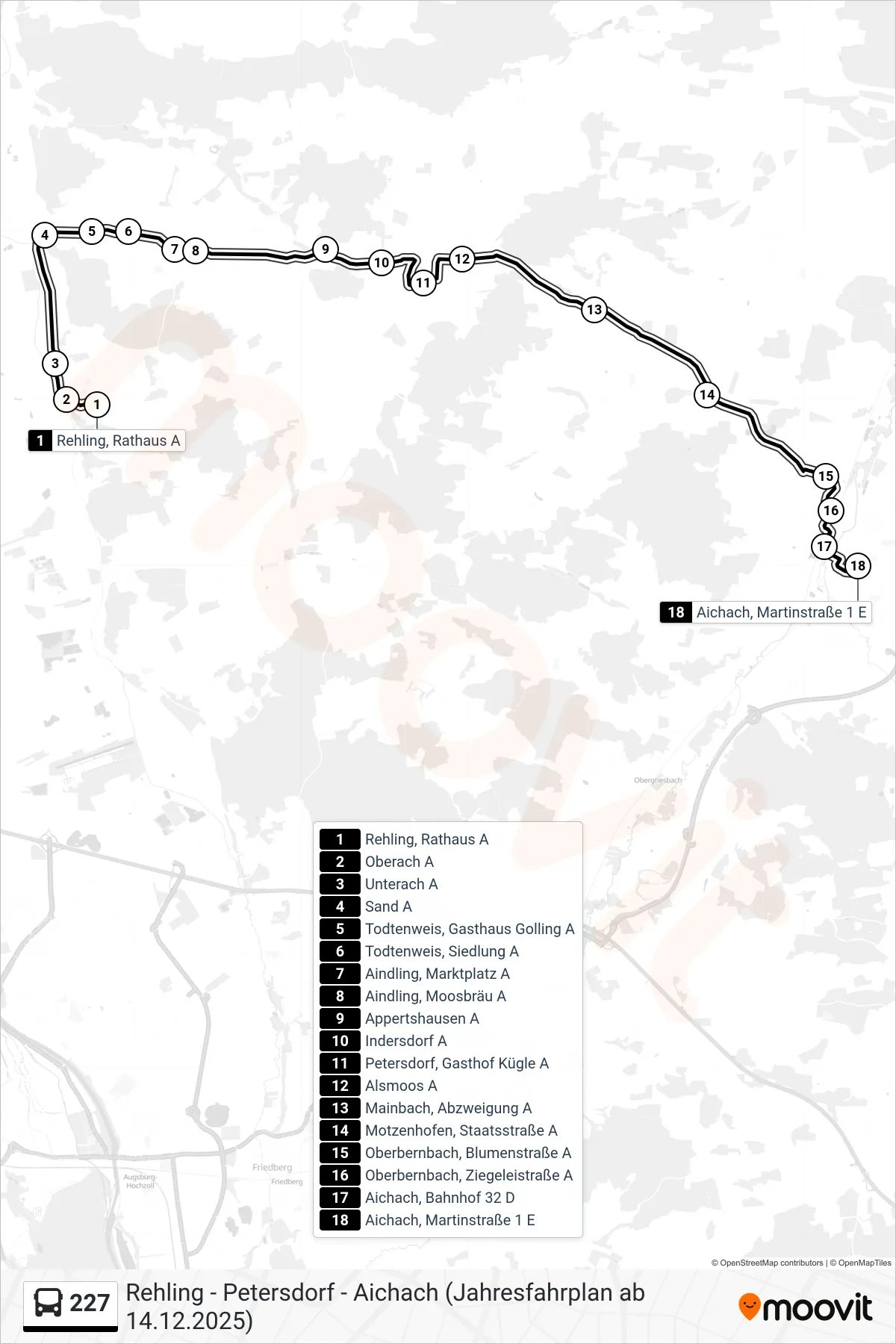 Linie 227 (Bus) Richtung Aichach, Martinstraße: Route und Haltestellen auf der Karte