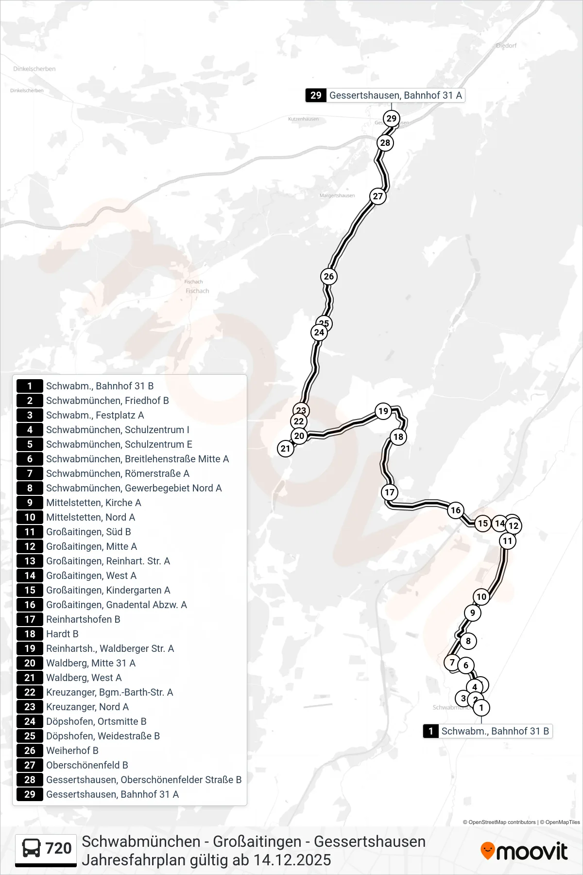 720 bus Line (Gessertshausen, Bahnhof) route and stops on a map