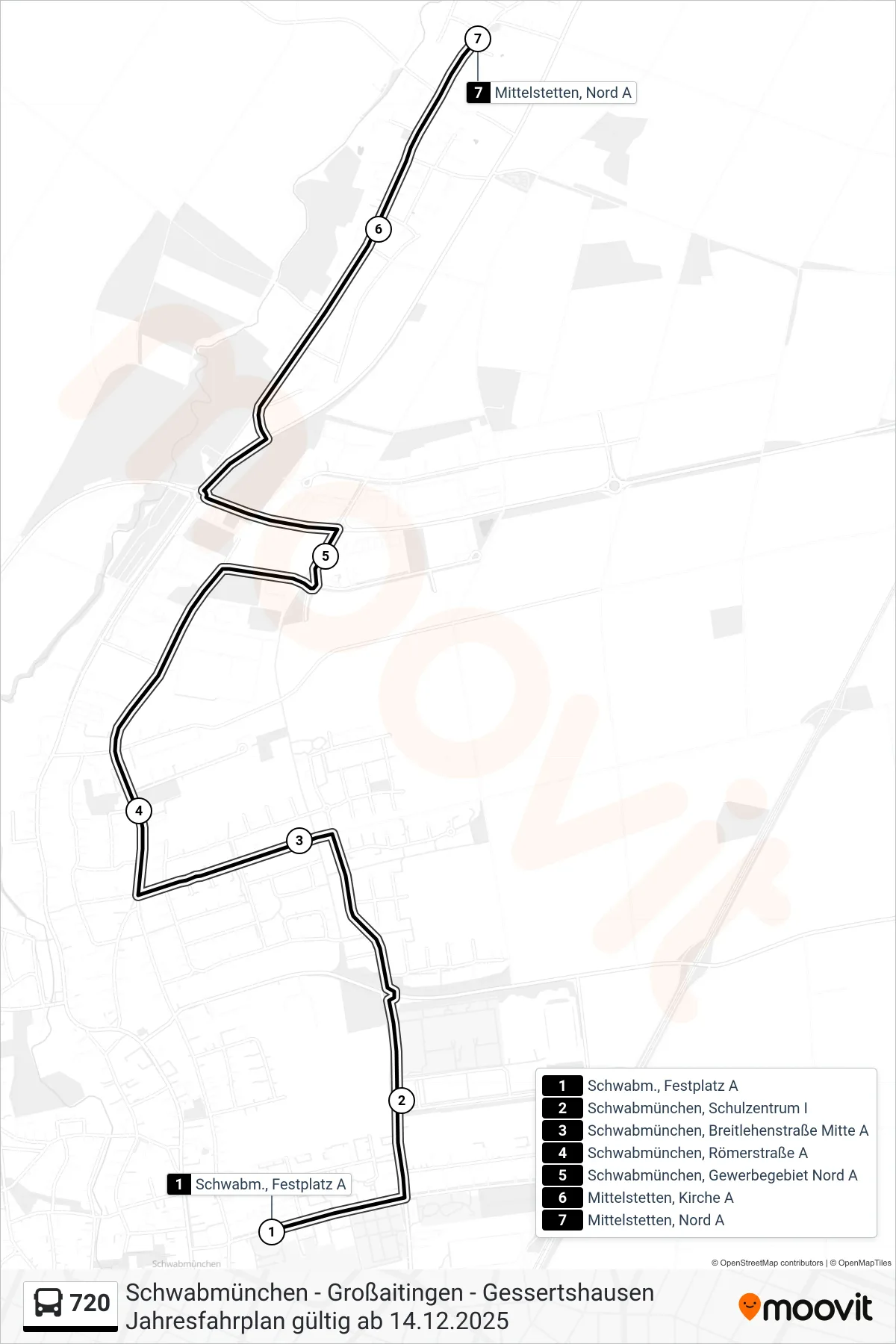 720 bus Line (Mittelstetten, Nord) route and stops on a map