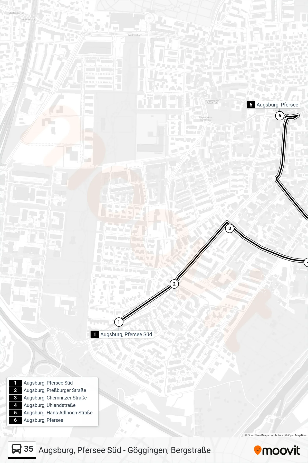 35 bus Line (Augsburg, Pfersee) route and stops on a map
