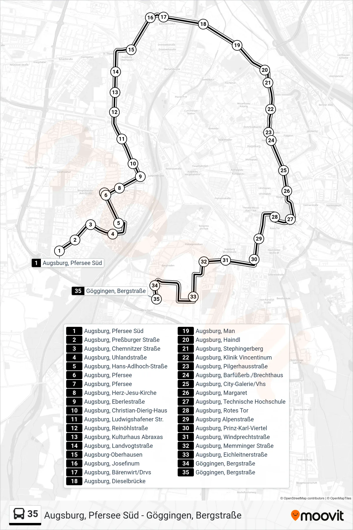 Linie 35 (Bus) Richtung Göggingen, Bergstraße: Route und Haltestellen auf der Karte
