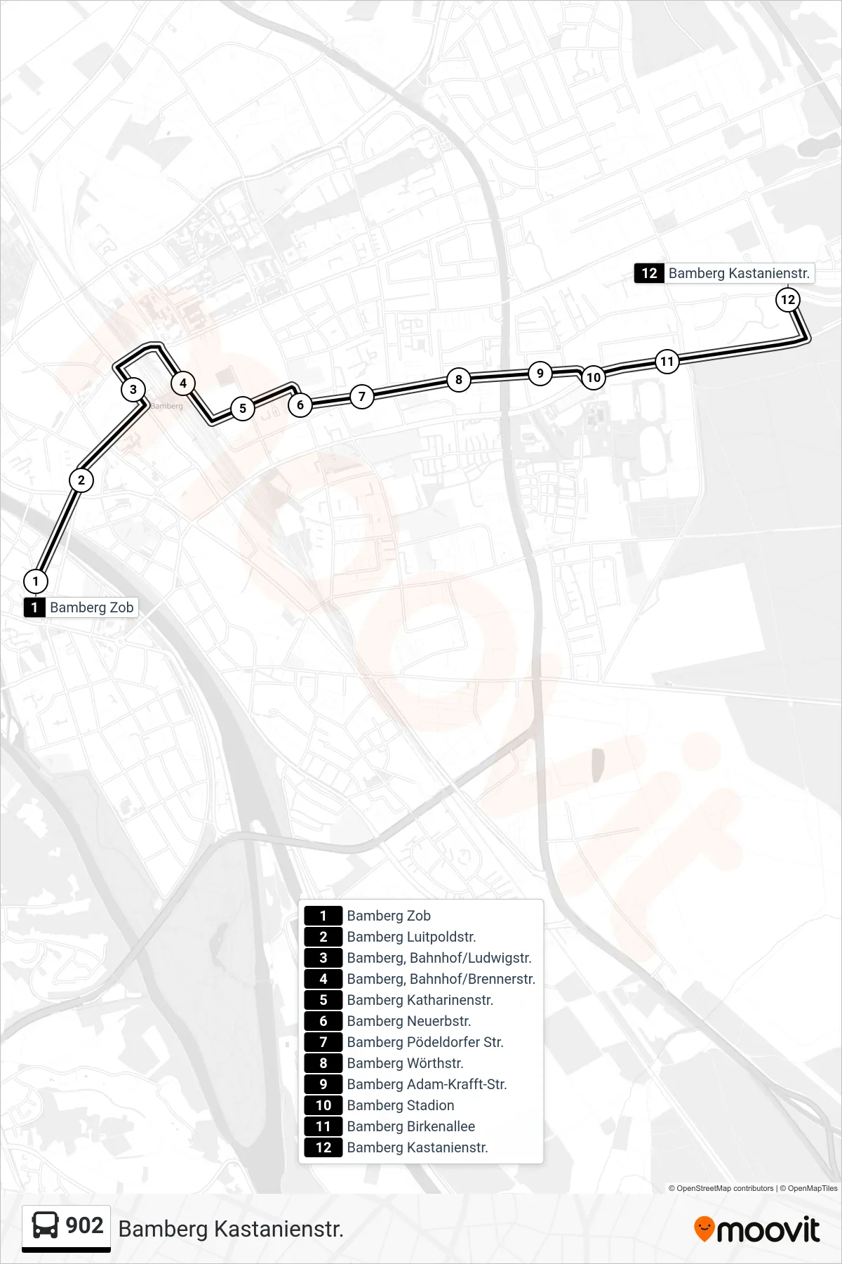 902 bus Line (Bamberg Kastanienstr.) route and stops on a map